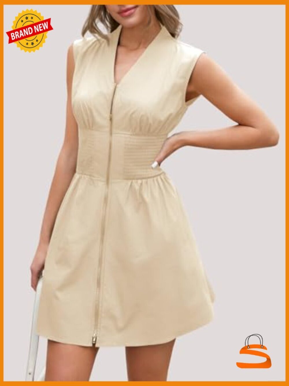 Sleeveless Zip Front A-Line Mini Dress with Pockets Summer Tank - Picture 2 of 5